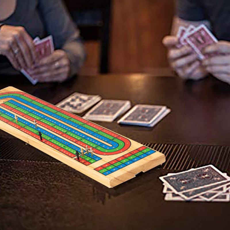 FUNPENY Traditional Wooden Cribbage Board Game Set, 3-Track Color Coded with Metal Pegs and Deck of Playing Cards - Image 5